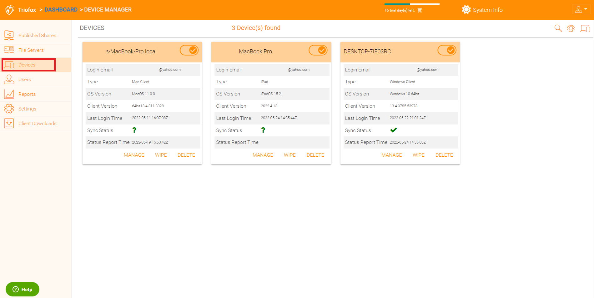 Información del tablero triofox