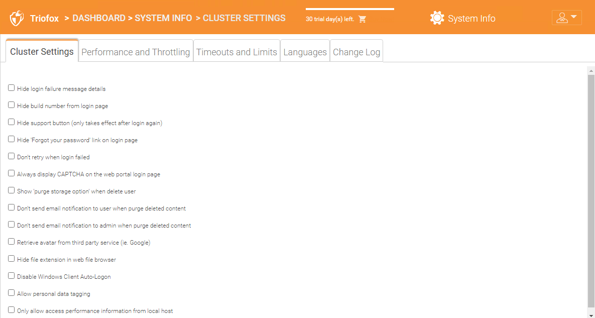 triofox cluster settings